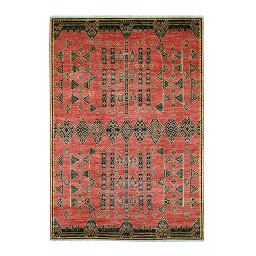 Crimson Red, Densely Woven, Hand Knotted, Soft And Shiny Wool, Peshawar with Berber Influence Geometric Pattern, Natural Dyes, Oriental 
