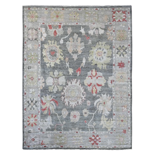 Charcoal Gray, Afghan Angora Oushak with Large Leaf Design, Hand Knotted, 100% Wool, Vegetable Dyes, Oriental 