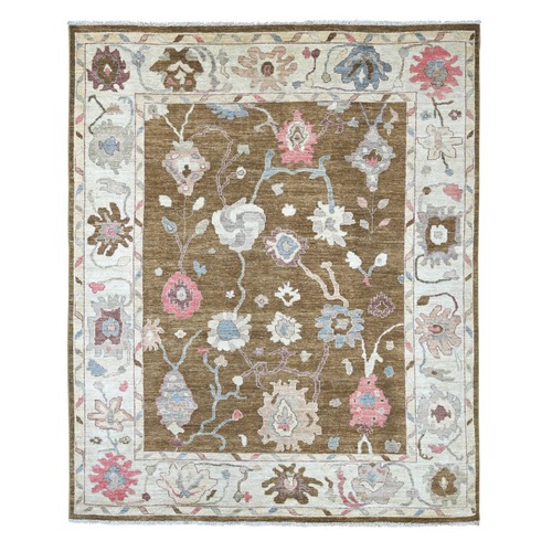 Almond Brown, Afghan Angora Oushak with All Over Leaf Design, Hand Knotted, 100% Wool, Vegetable Dyes, Oriental 