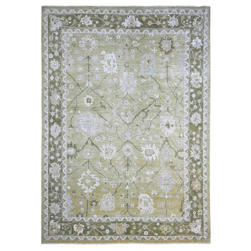 Olive Green, Afghan Angora Oushak with All Over Leaf Design, Hand Knotted, 100% Wool, Vegetable Dyes, Oriental 