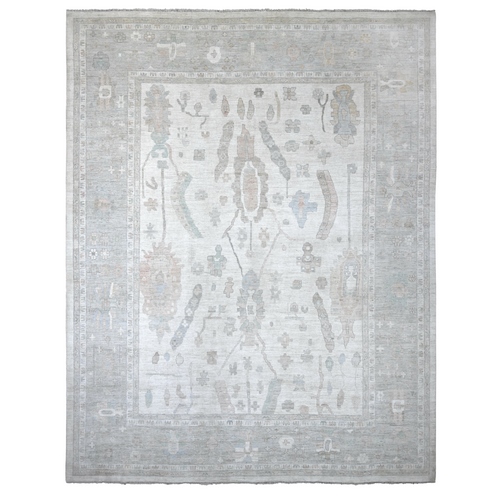 Smoke White, Afghan Angora Oushak with All Over Design, Hand Knotted, 100% Wool, Vegetable Dyes, Oversized, XL, Oriental 