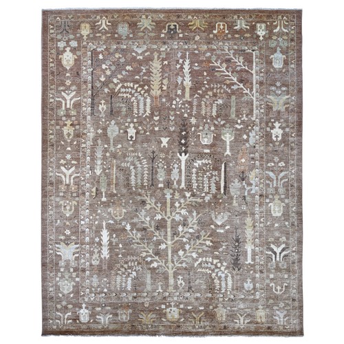 Cedar Brown, Afghan Angora Oushak with Willow and Cypress Tree Design, Hand Knotted, 100% Wool, Vegetable Dyes, Oriental 
