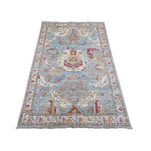 Cloud Gray, Hand Knotted, Peshawar with All Over Geometric Leaf Design, Vegetable Dyes, High Mountain Wool, Oriental 