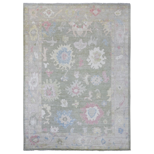 Moss Green, Afghan Angora Oushak with Colorful Leaf Design, Hand Knotted, 100% Wool, Vegetable Dyes, Oriental 