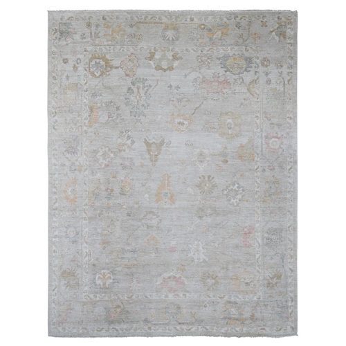 Misty Gray, Hand Knotted, Afghan Angora Oushak with All Over Leaf Design, 100% Wool, Vegetable Dyes, Oriental 