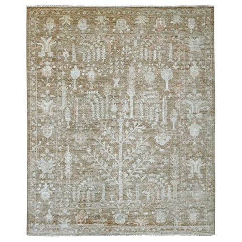 Cedar Brown, Afghan Angora Oushak with Willow and Cypress Tree Design, Hand Knotted, 100% Wool, Vegetable Dyes, Oriental 