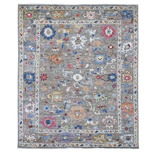 Fossil Gray, Afghan Angora Oushak with Colorful Leaf Design, Hand Knotted, 100% Wool, Vegetable Dyes, Oriental 