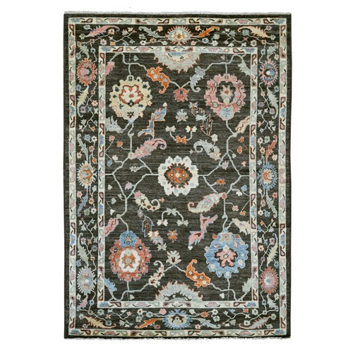 Charcoal Black, Afghan Angora Oushak with All Over Leaf Design, Hand Knotted, 100% Wool, Vegetable Dyes, Oriental 