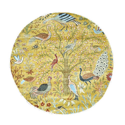 Golden Yellow, Afghan Peshawar with Birds of Paradise Design, Hand Knotted, Soft and Velvety Wool, Vegetable Dyes, Round, Oriental 
