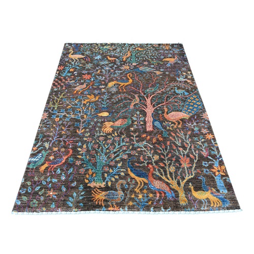 Carob Brown, Afghan Peshawar with Birds of Paradise Design, Hand Knotted, Soft and Velvety Wool, Vegetable Dyes, Oriental 