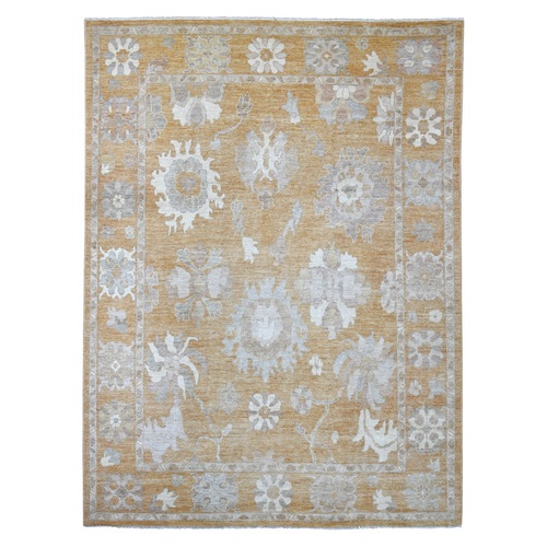 Golden Brown, Afghan Angora Oushak with All Over Leaf Design, Hand Knotted, 100% Wool, Vegetable Dyes, Oriental 