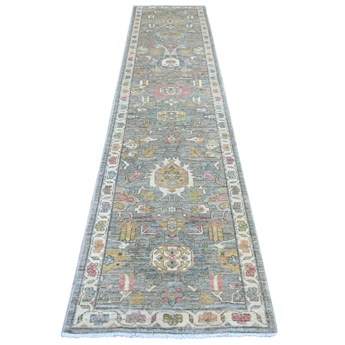 Sonic Gray, Peshawar with Heriz All Over Design, Densely Woven, Hand Knotted, High Mountain Wool, Runner, Oriental 