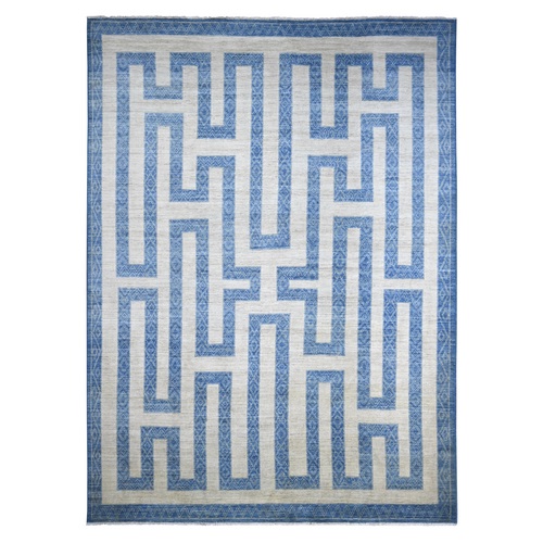 Bayern Blue, Fine Peshawar with Intricate Geometric Motifs Maze Design, Dense Weave, Soft and Shiny Wool, Hand Knotted, Oriental Rug