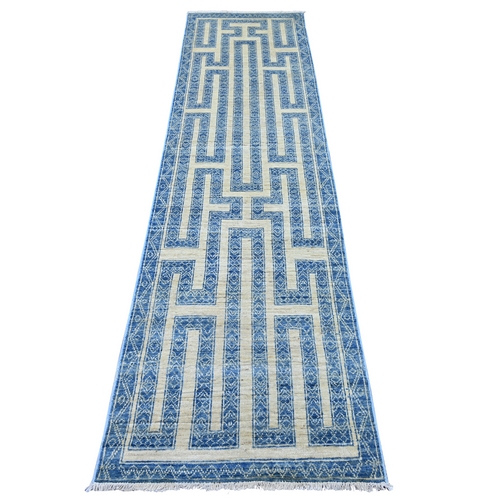 Bayern Blue, Fine Peshawar with Intricate Geometric Motifs Maze Design, Dense Weave, Hand Knotted, Soft and Shiny Wool, Runner, Oriental Rug