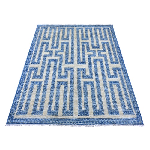 Bayern Blue, Fine Peshawar with Intricate Geometric Motifs Maze Design, Dense Weave, Soft and Shiny Wool, Hand Knotted, Oriental Rug