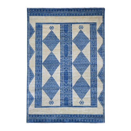 Ivory and Blue, Moroccan Berber Influence with Geometric Pattern, High Mountain Wool, Denser Weave, Hand Knotted, Oriental 