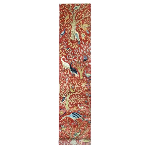 Crimson Red, Hand Knotted, Afghan Peshawar with Birds of Paradise Design, Soft and Shiny Wool, Vegetable Dyes, XL Runner, Oriental 