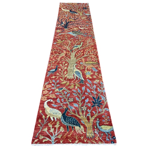 Crimson Red, Hand Knotted, Afghan Peshawar with Birds of Paradise Design, Soft and Shiny Wool, Vegetable Dyes, Runner, Oriental 