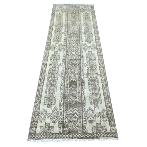 Mocha Brown, Moroccan Berber Influence with Geometric Pattern, High Mountain Wool, Denser Weave, Hand Knotted, Runner, Oriental 