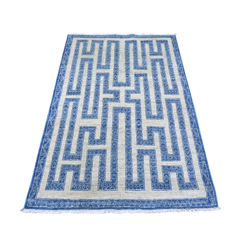 Bayern Blue, Fine Peshawar with Intricate Geometric Motifs Maze Design, Dense Weave, Soft and Shiny Wool, Hand Knotted, Oriental Rug