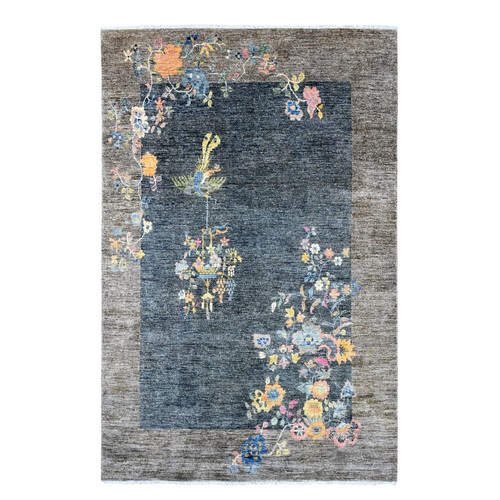 Charcoal Black, Chinese Art Deco Inspired Peshawar, Natural Dyes, Hand Knotted, Soft and Velvety Wool, Oriental 