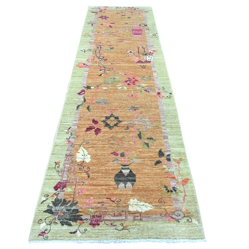 Golden Brown, Chinese Art Deco Inspired Peshawar, Hand Knotted, Soft and Vibrant Wool, Vegetable Dyes, Runner, Oriental 