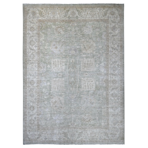 Sage Green, Washed Out Peshawar with All Over Design, Hand Knotted, High Mountain Wool, Densely Woven, Oriental 