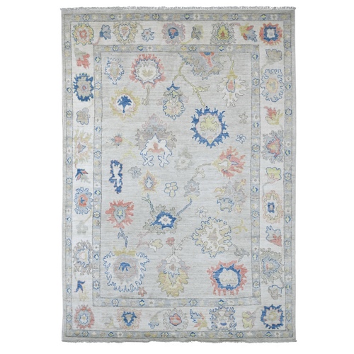 Light Gray, Afghan Angora Oushak with Colorful Leaf Design, Hand Knotted, 100% Wool, Vegetable Dyes, Oriental 