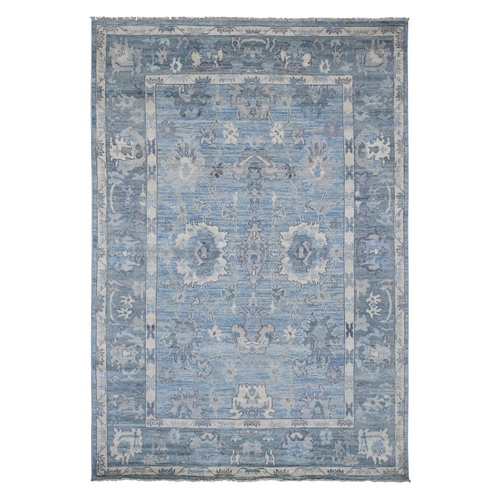 Ruddy Blue, Afghan Angora Oushak with All Over Leaf Design, Hand Knotted, 100% Wool, Vegetable Dyes, Oriental 