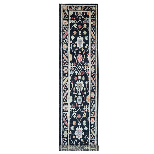 Charcoal Black, Afghan Angora Oushak with Colorful Leaf Design, Hand Knotted, 100% Wool, Vegetable Dyes, XL Runner, Oriental 