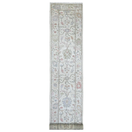 Alabaster White, Afghan Angora Oushak with All Over Leaf Design, Hand Knotted, 100% Wool, Vegetable Dyes, XL Runner, Oriental 