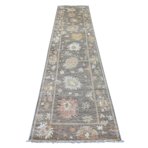 Beaver Brown, Afghan Angora Oushak with All Over Leaf Design, Hand Knotted, 100% Wool, Vegetable Dyes, Runner, Oriental 