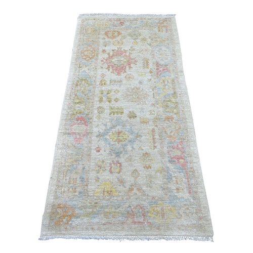 Light Gray, Afghan Angora Oushak with All Over Leaf Design, Hand Knotted, 100% Wool, Vegetable Dyes, Runner, Oriental 