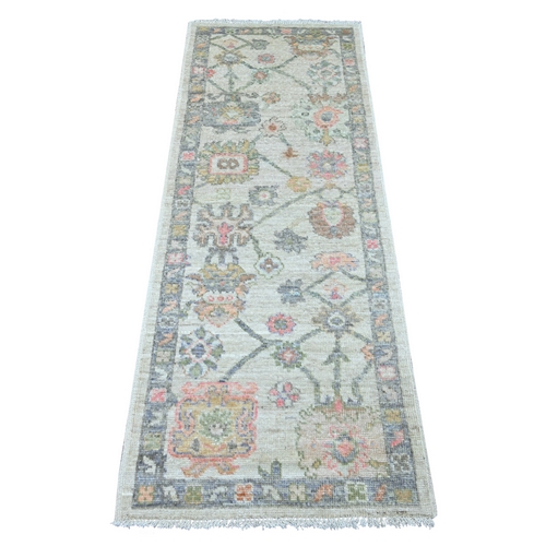Oyster Gray, Afghan Angora Oushak with All Over Leaf Design, Hand Knotted, 100% Wool, Vegetable Dyes, Runner, Oriental 
