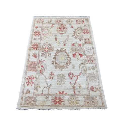 Chiffon White, Afghan Angora Oushak with All Over Leaf Design, Hand Knotted, 100% Wool, Vegetable Dyes, Oriental 