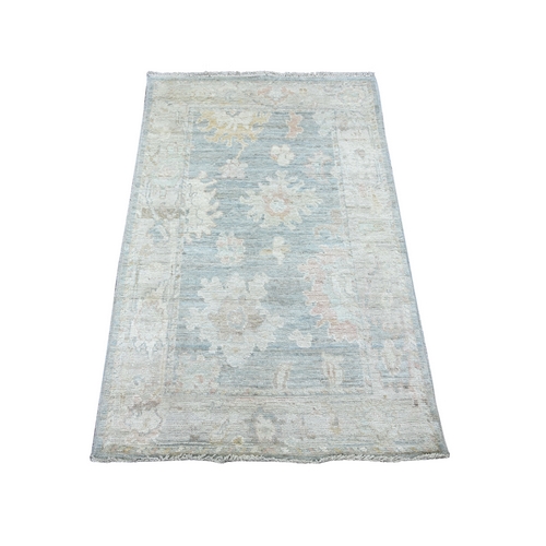 Beau Blue, Afghan Angora Oushak with Large Leaf Design, Hand Knotted, 100% Wool, Vegetable Dyes, Oriental 