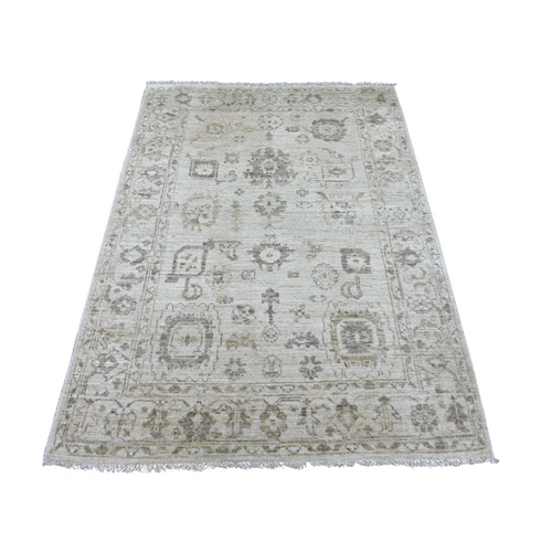 Oyster Gray, Afghan Angora Oushak with All Over Leaf Design, Hand Knotted, 100% Wool, Vegetable Dyes, Oriental 