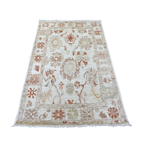 Alabaster White, Afghan Angora Oushak with All Over Leaf Design, Hand Knotted, 100% Wool, Vegetable Dyes, Oriental 