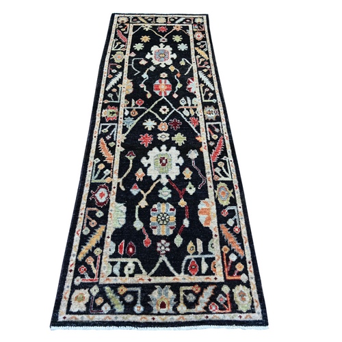 Charcoal Black, Afghan Angora Oushak with Colorful Leaf Design, Hand Knotted, 100% Wool, Vegetable Dyes, Runner, Oriental 