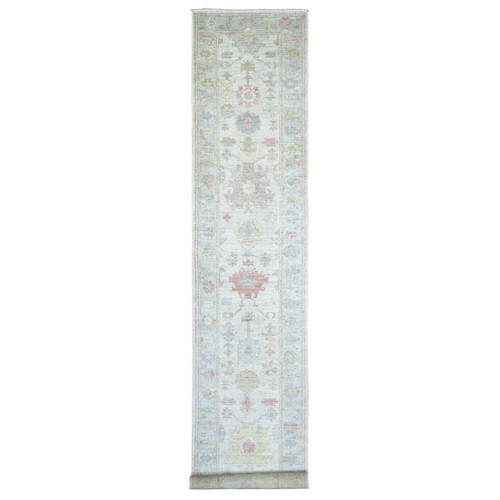 Light Gray, Afghan Angora Oushak with All Over Leaf Design, Hand Knotted, 100% Wool, Vegetable Dyes, XL Runner, Oriental 