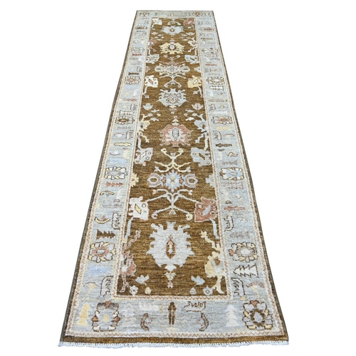 Almond Brown, Afghan Angora Oushak with All Over Leaf Design, Hand Knotted, 100% Wool, Vegetable Dyes, Runner, Oriental 