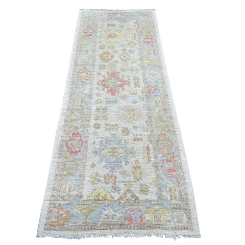 Medium Gray, Afghan Angora Oushak with Colorful Leaf Design, Hand Knotted, 100% Wool, Vegetable Dyes, Runner, Oriental 