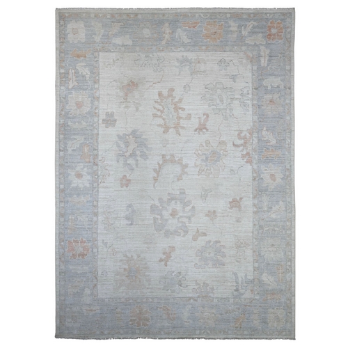 Alabaster White, Afghan Angora Oushak with All Over Leaf Design, Hand Knotted, 100% Wool, Vegetable Dyes, Oriental 