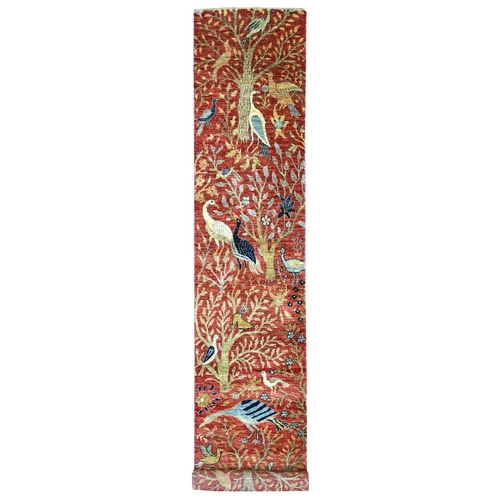 Crimson Red, Afghan Peshawar with Birds of Paradise Design, Hand Knotted, Soft and Shiny Wool, Vegetable Dyes, XL Runner, Oriental 