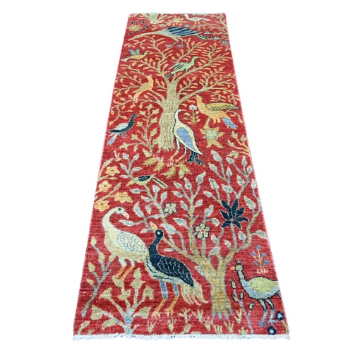 Crimson Red, Hand Knotted, Afghan Peshawar with Birds of Paradise Design, Soft and Shiny Wool, Vegetable Dyes, Runner, Oriental 