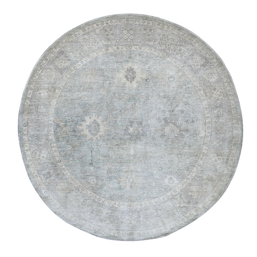 Beau Blue, Washed Out Peshawar with Ziegler Mahal Design, Hand Knotted, High Mountain Wool, Densely Woven, Round, Oriental 