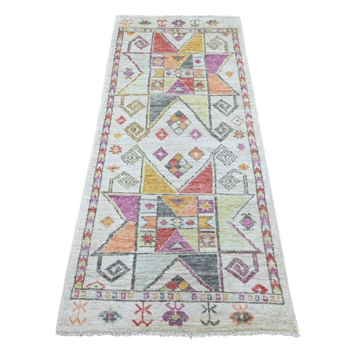 Light Gray, Anatolian Village Inspired with Geometric Design, Hand Knotted, Pure Wool, Vegetable Dyes, Runner, Oriental 