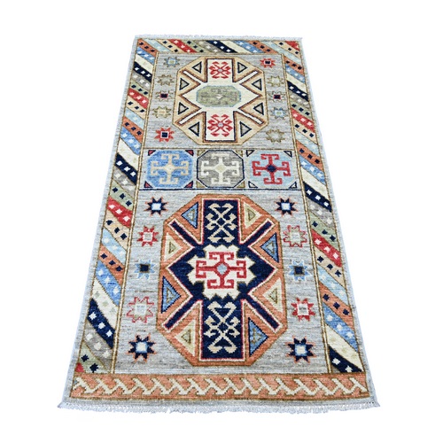 Misty Gray, Anatolian Village Inspired Design with Geometric Medallions, Hand Knotted, Pure Wool, Vegetable Dyes, Short Runner, Oriental 