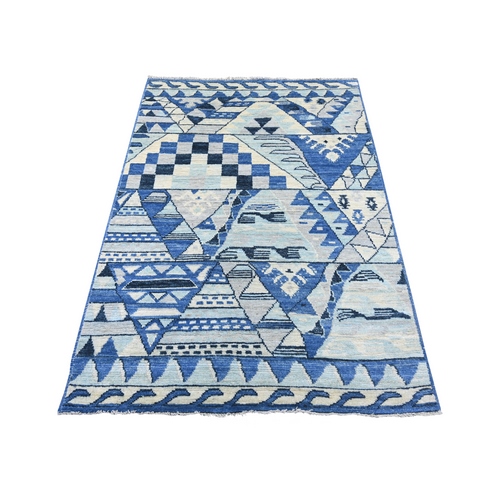 Shades of Blue, Anatolian Village Inspired with Patchwork Design, Hand Knotted, Pure Wool, Vegetable Dyes, Oriental 