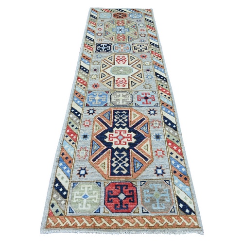 Misty Gray, Anatolian Village Inspired Design with Geometric Medallions, Hand Knotted, Pure Wool, Vegetable Dyes, Runner, Oriental 
